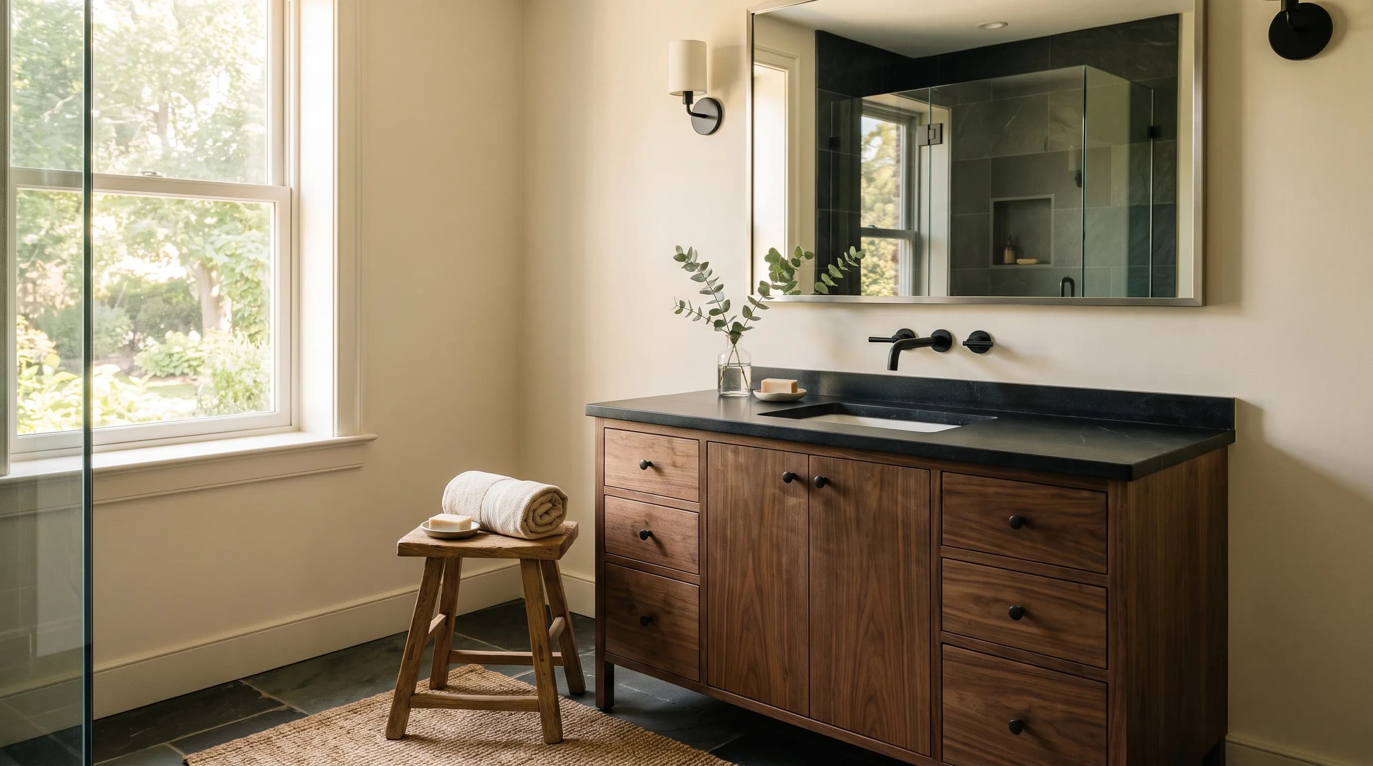 Bathroom remodel in Macungie, PA — walnut vanity, black soapstone top, matte-black fixtures | VM Power Kitchen & Bath