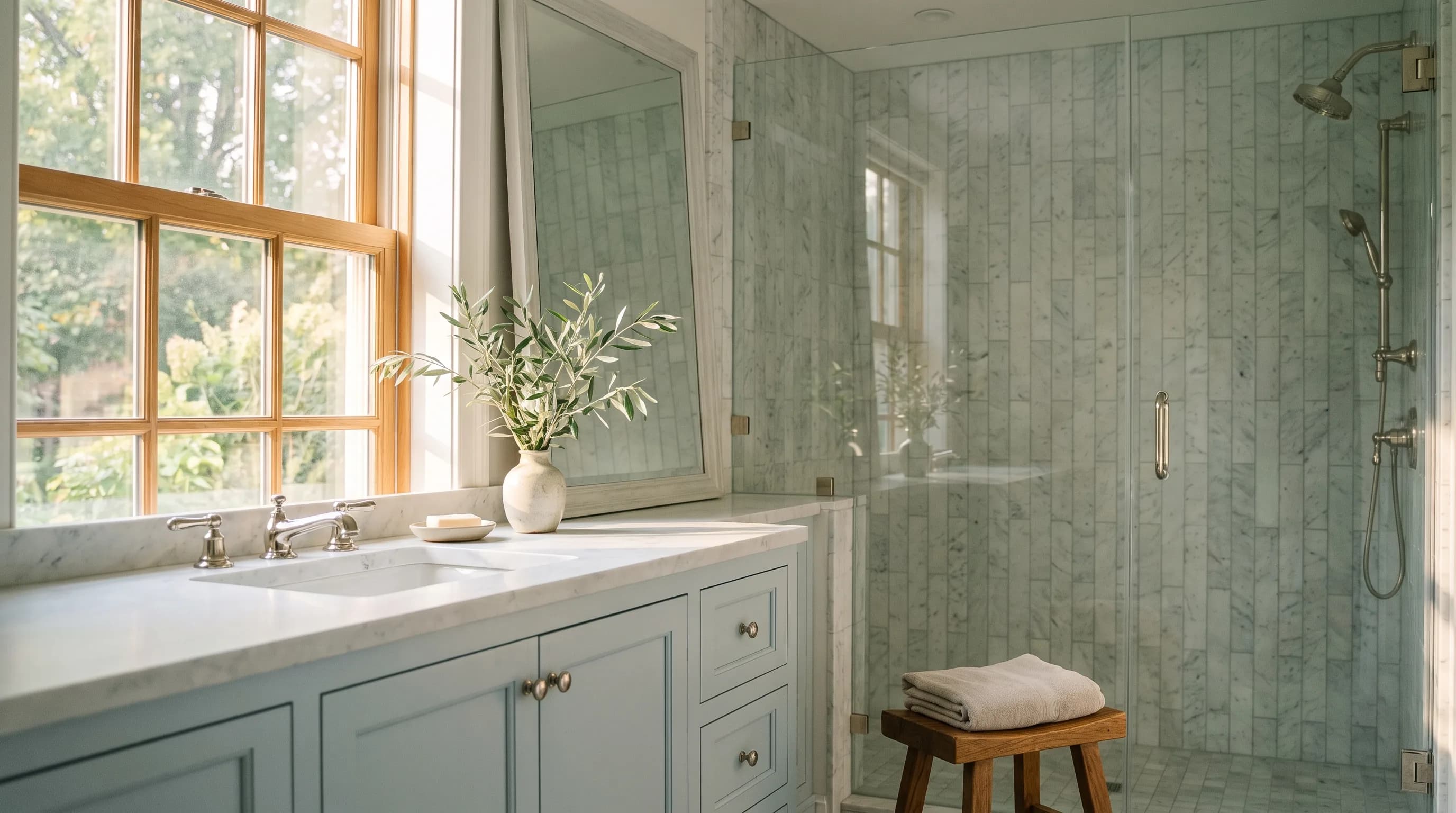Bathroom remodel in Nazareth, PA — pale-blue vanity, Carrara marble walls, polished-nickel fixtures | VM Power Kitchen & Bath