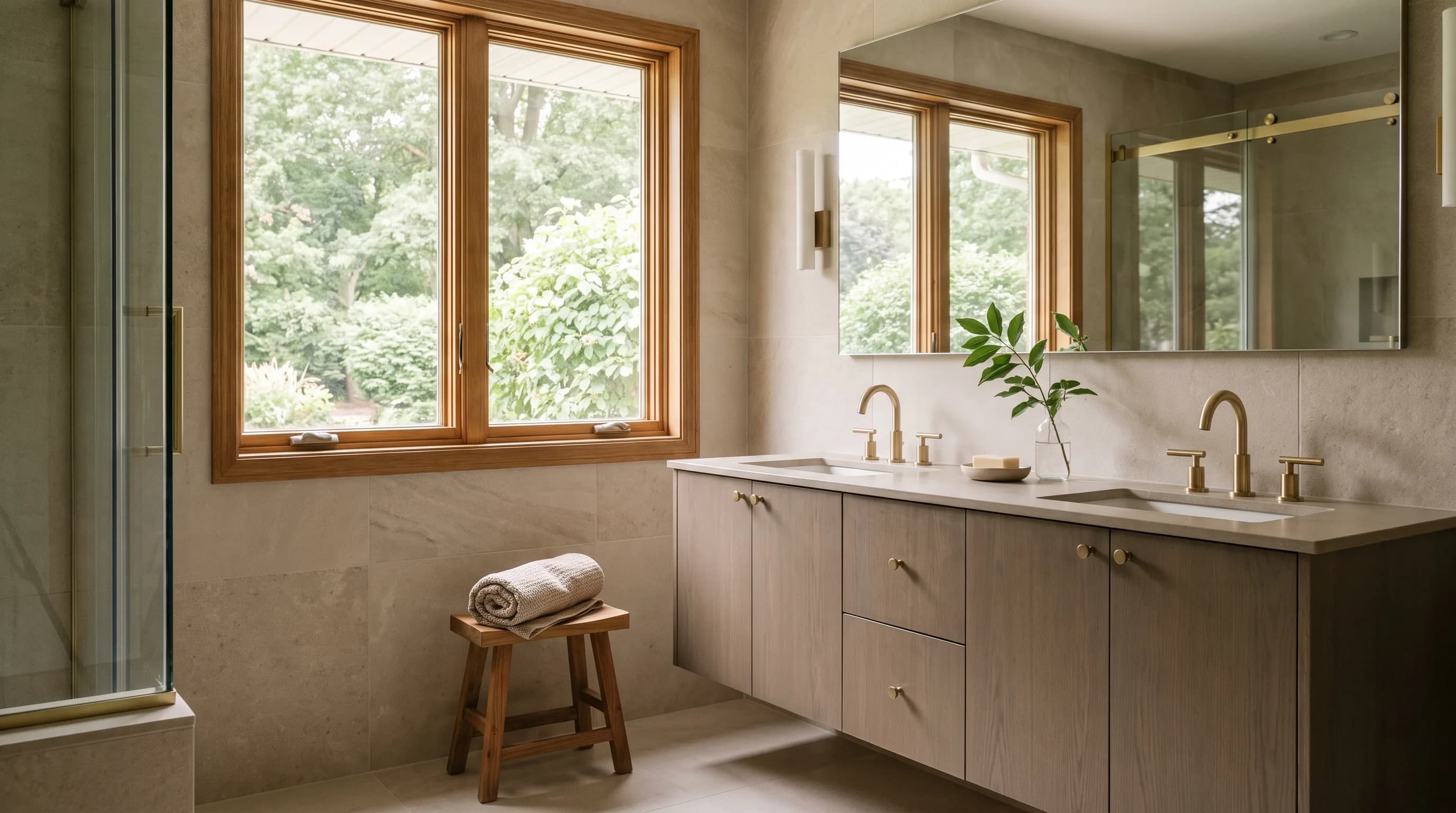 Bathroom remodel in South Whitehall, PA — greige-mushroom vanity, soft-beige large-format stone, champagne-brass fixtures | VM Power Kitchen & Bath