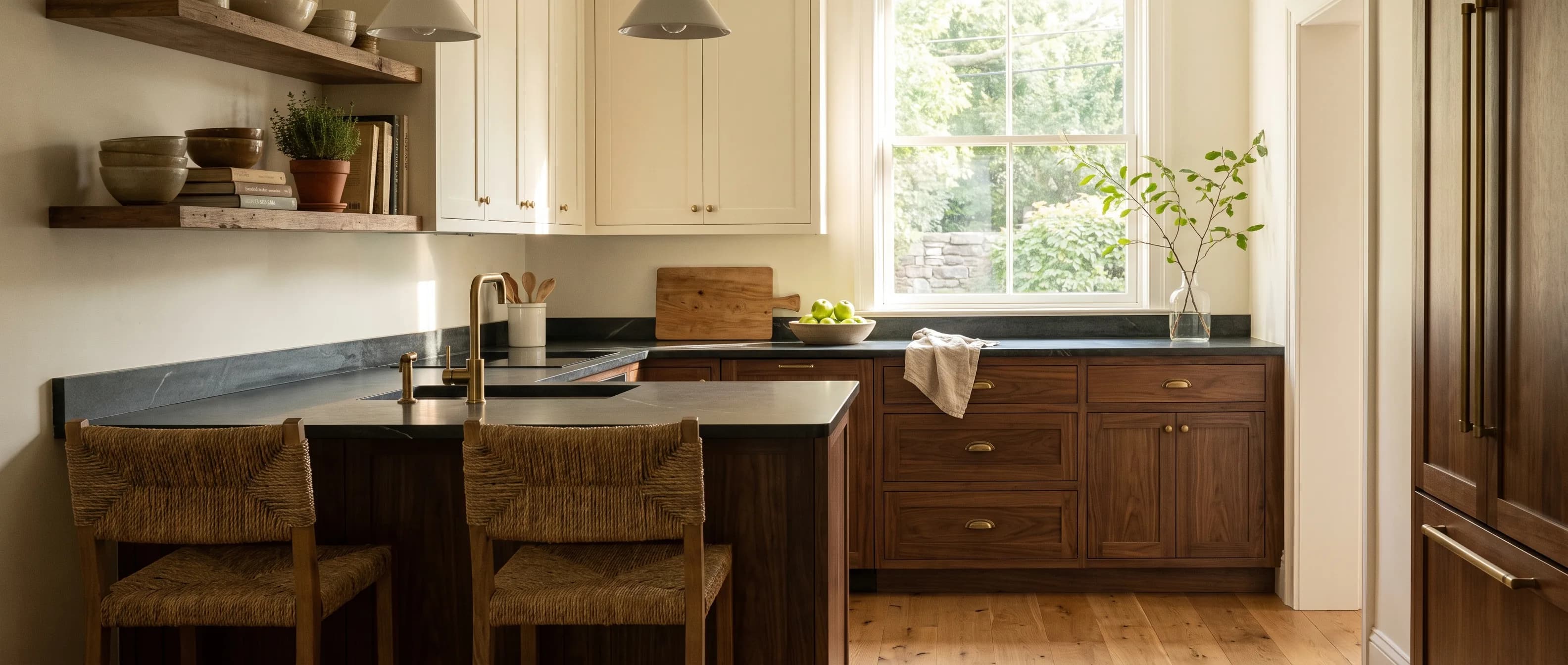Kitchen remodel in Northampton, PA — two-tone warm-white and walnut cabinetry, honed soapstone counters, antique-brass hardware | VM Power Kitchen & Bath