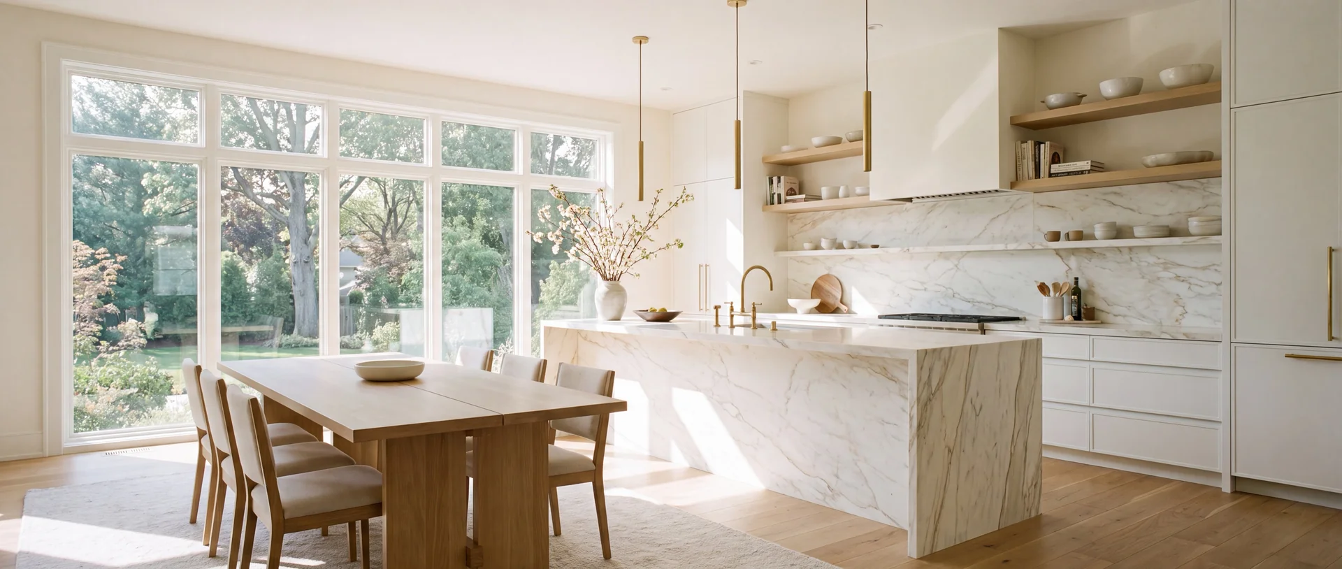 Panoramic Lehigh Valley kitchen-and-dining remodel — Calacatta marble waterfall island and slab backsplash, light-oak cabinetry, brass fixtures, sun-filled garden views | VM Power Kitchen & Bath