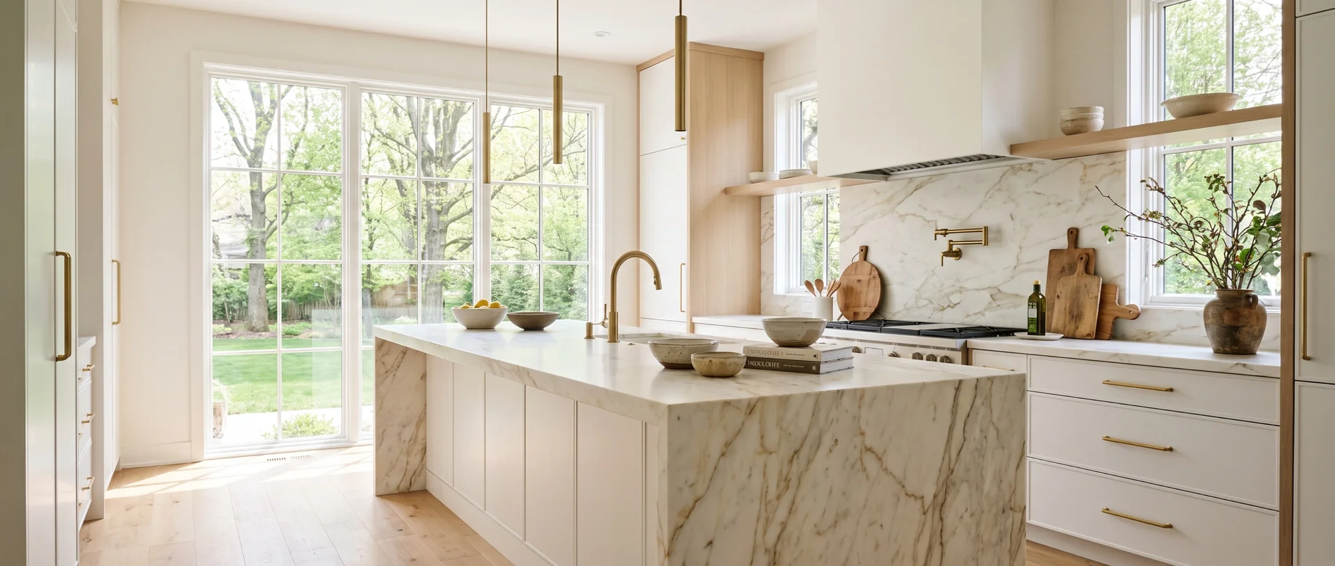 Modern kitchen remodel in the Lehigh Valley, PA — light-oak and white cabinetry, Calacatta marble waterfall island and slab backsplash, brushed-brass fixtures, sun-filled | VM Power Kitchen & Bath